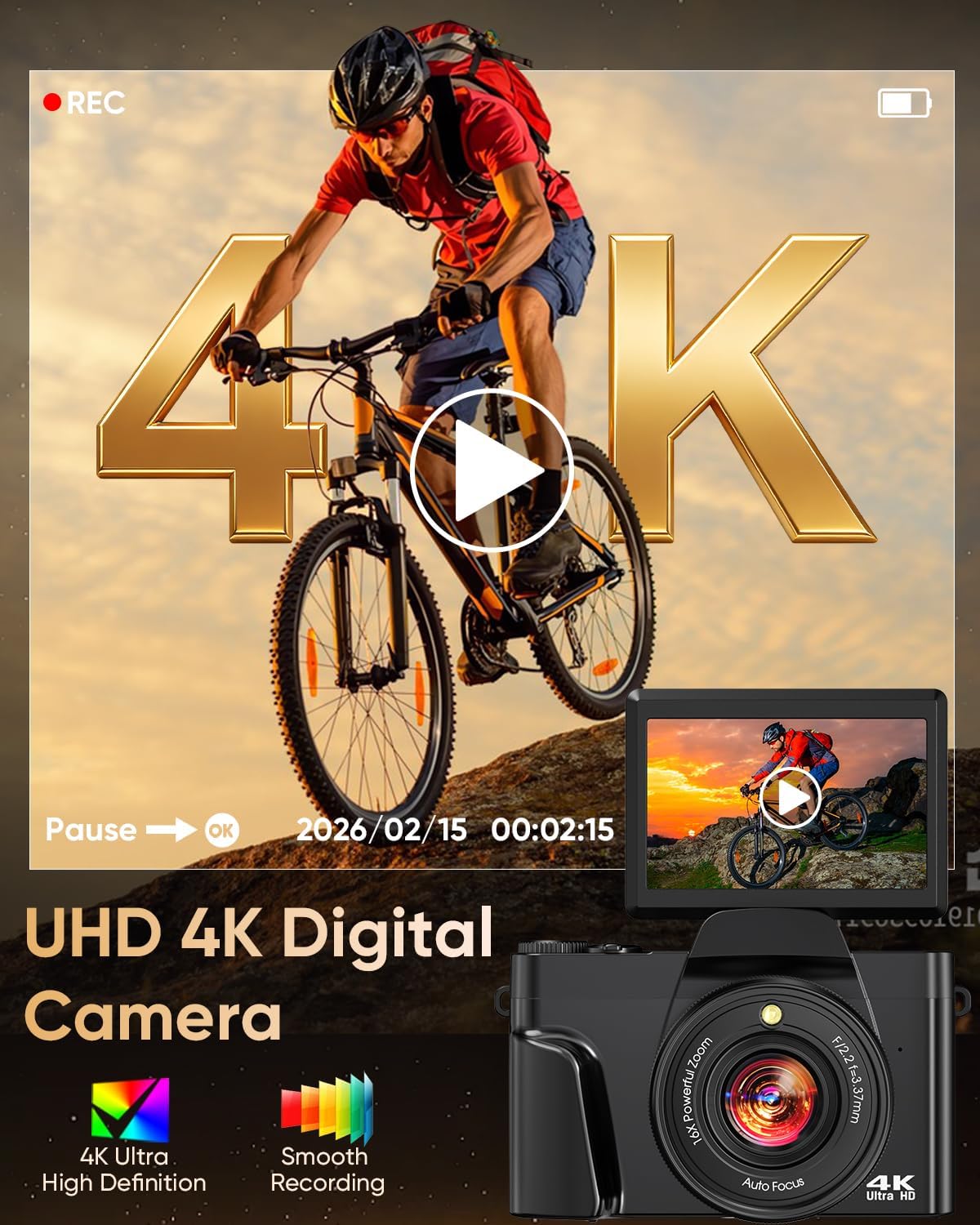 4K Digital Camera for Photography with WiFi,64MP Autofocus 3'' 180° Flip Screen 16X Zoom Vlogging Camera for YouTube, Compact Travel Camera for Beginners, Anti-Shake, 32GB Card, 2 Batteries, Black