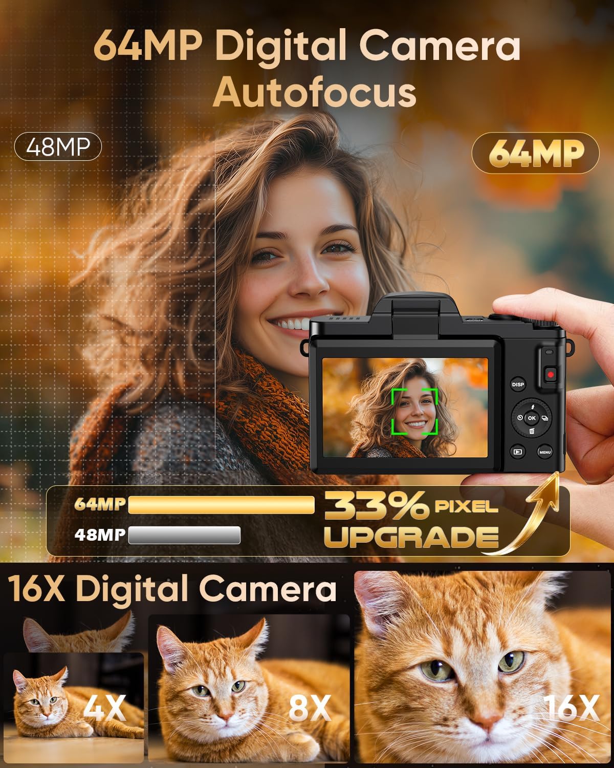 4K Digital Camera for Photography with WiFi,64MP Autofocus 3'' 180° Flip Screen 16X Zoom Vlogging Camera for YouTube, Compact Travel Camera for Beginners, Anti-Shake, 32GB Card, 2 Batteries, Black