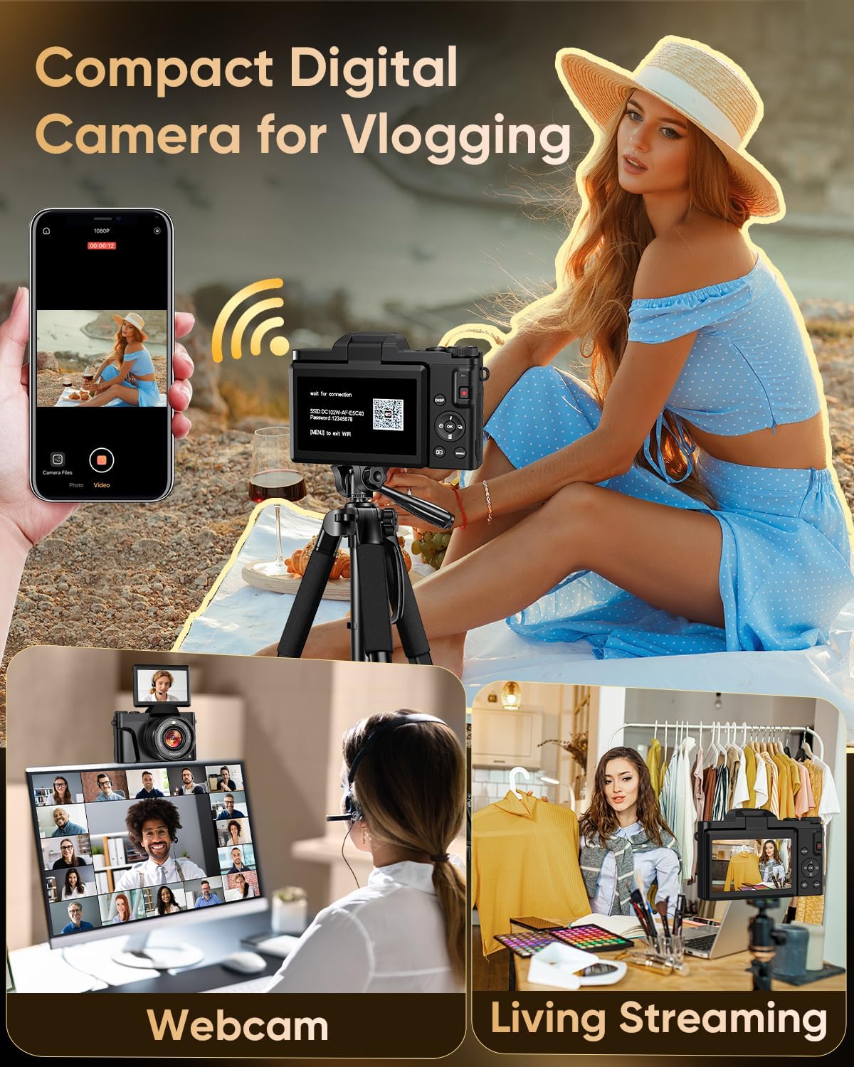 4K Digital Camera for Photography with WiFi,64MP Autofocus 3'' 180° Flip Screen 16X Zoom Vlogging Camera for YouTube, Compact Travel Camera for Beginners, Anti-Shake, 32GB Card, 2 Batteries, Black