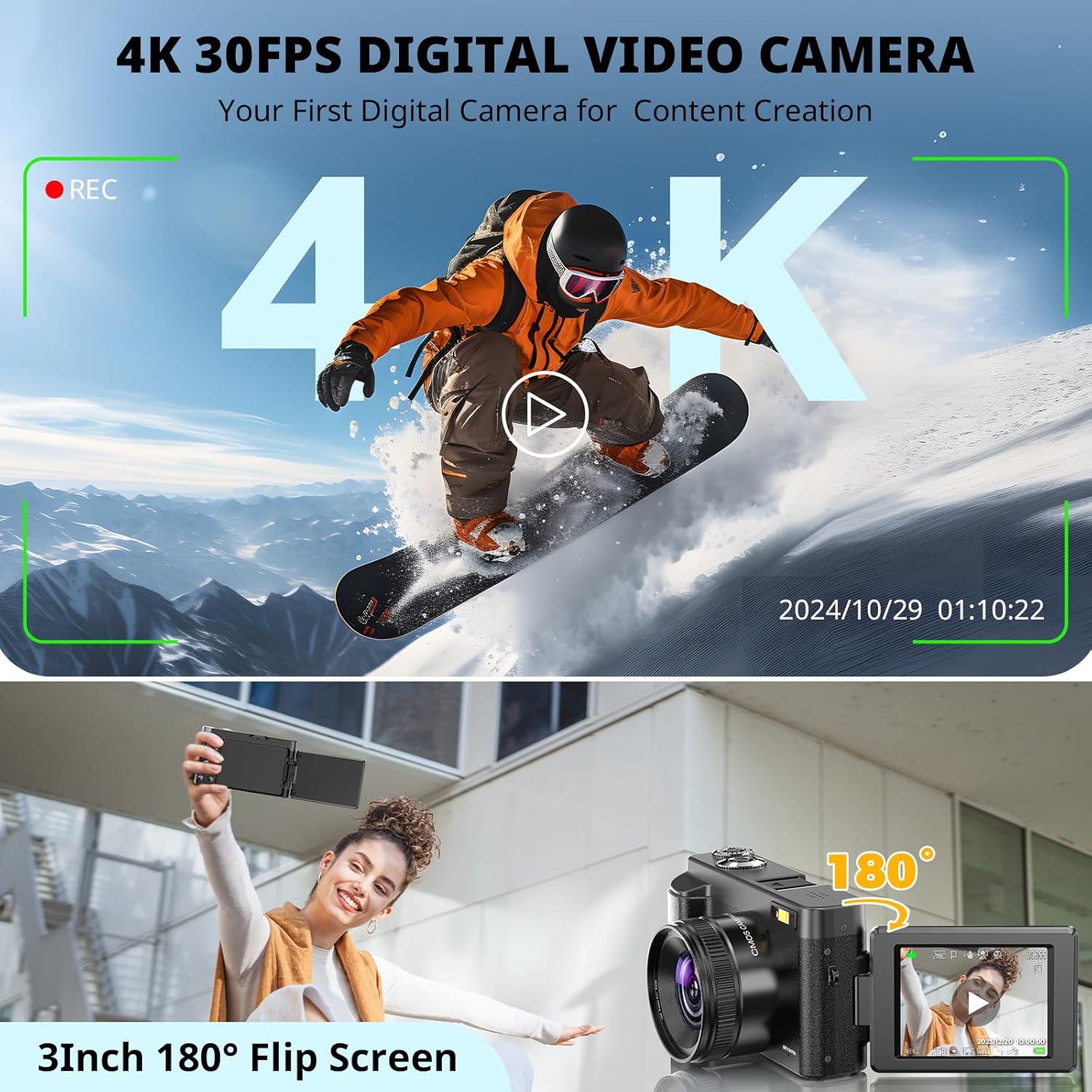 4K Digital Camera for Photography Autofocus, 2026 Latest 48MP Vlogging Camera for YouTube with SD Card, 2 Batteries, 3" 180°Flip Screen Compact Travel Camera for Teens with 16X Zoom, Anti-Shake,Black