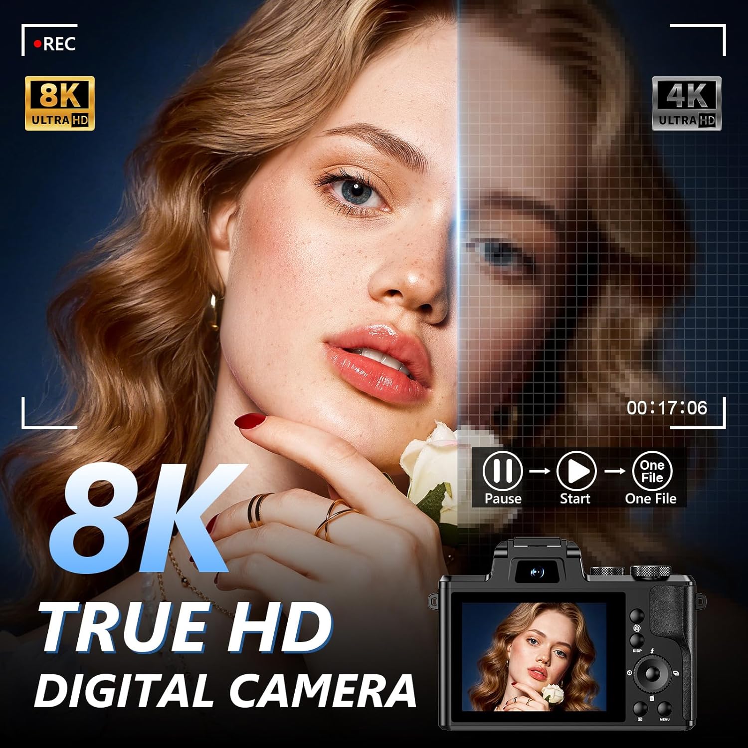 8K Digital Camera, 88MP WiFi Cameras for Photography with 3.2" Touchscreen, 16X Zoom Autofocus Professional Dual Camera, Anti-Shake, 2 Batteries & Charging Stand, 64GB Card, Flash, Lens Hood