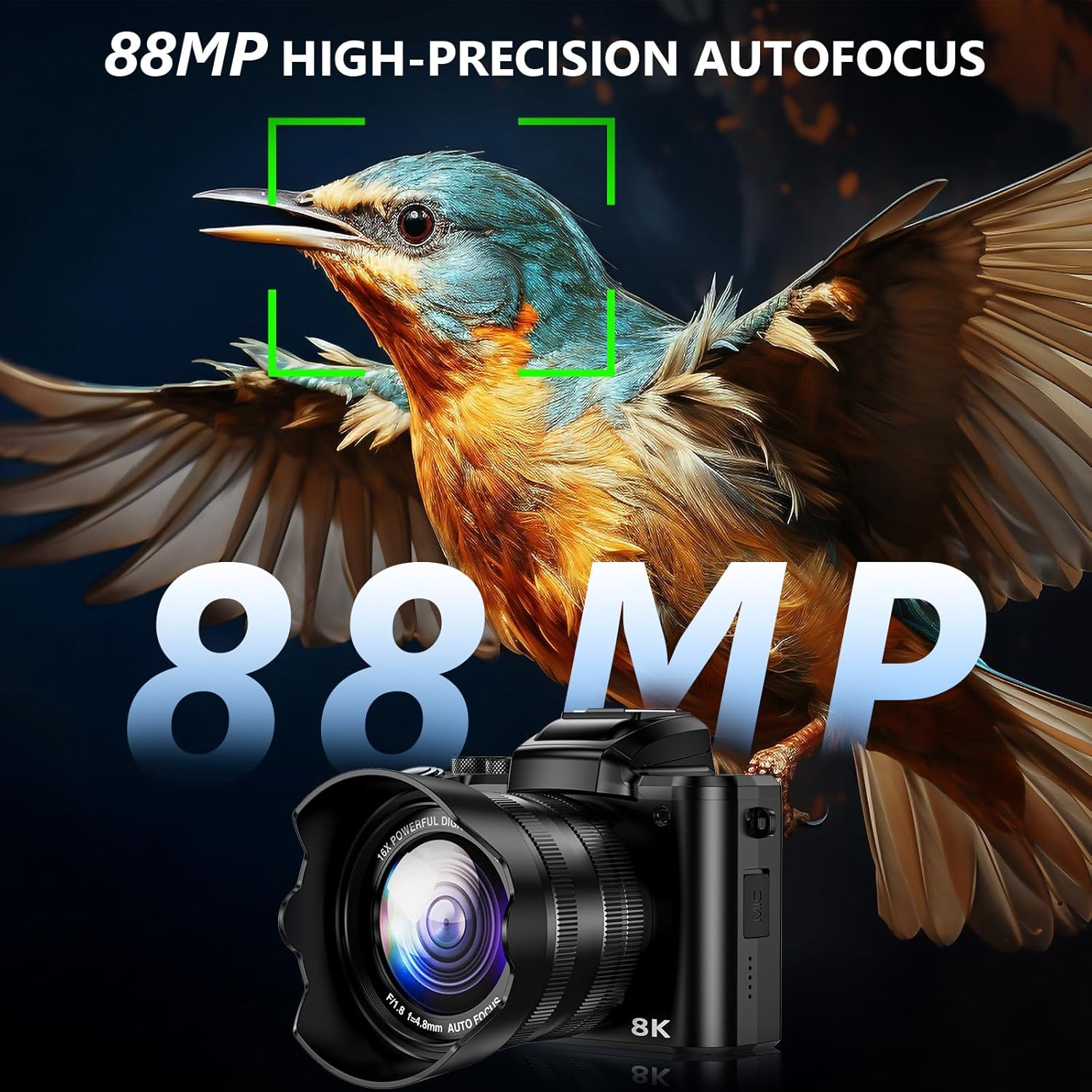 8K Digital Camera, 88MP WiFi Cameras for Photography with 3.2" Touchscreen, 16X Zoom Autofocus Professional Dual Camera, Anti-Shake, 2 Batteries & Charging Stand, 64GB Card, Flash, Lens Hood