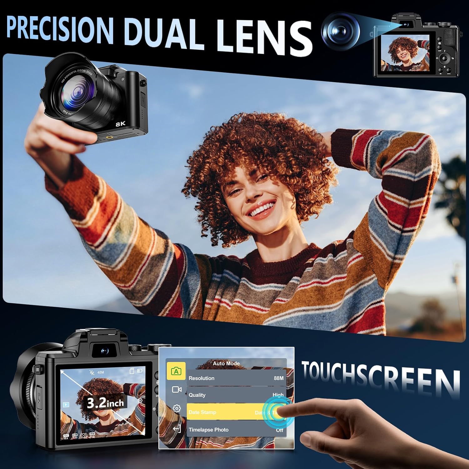 8K Digital Camera, 88MP WiFi Cameras for Photography with 3.2" Touchscreen, 16X Zoom Autofocus Professional Dual Camera, Anti-Shake, 2 Batteries & Charging Stand, 64GB Card, Flash, Lens Hood