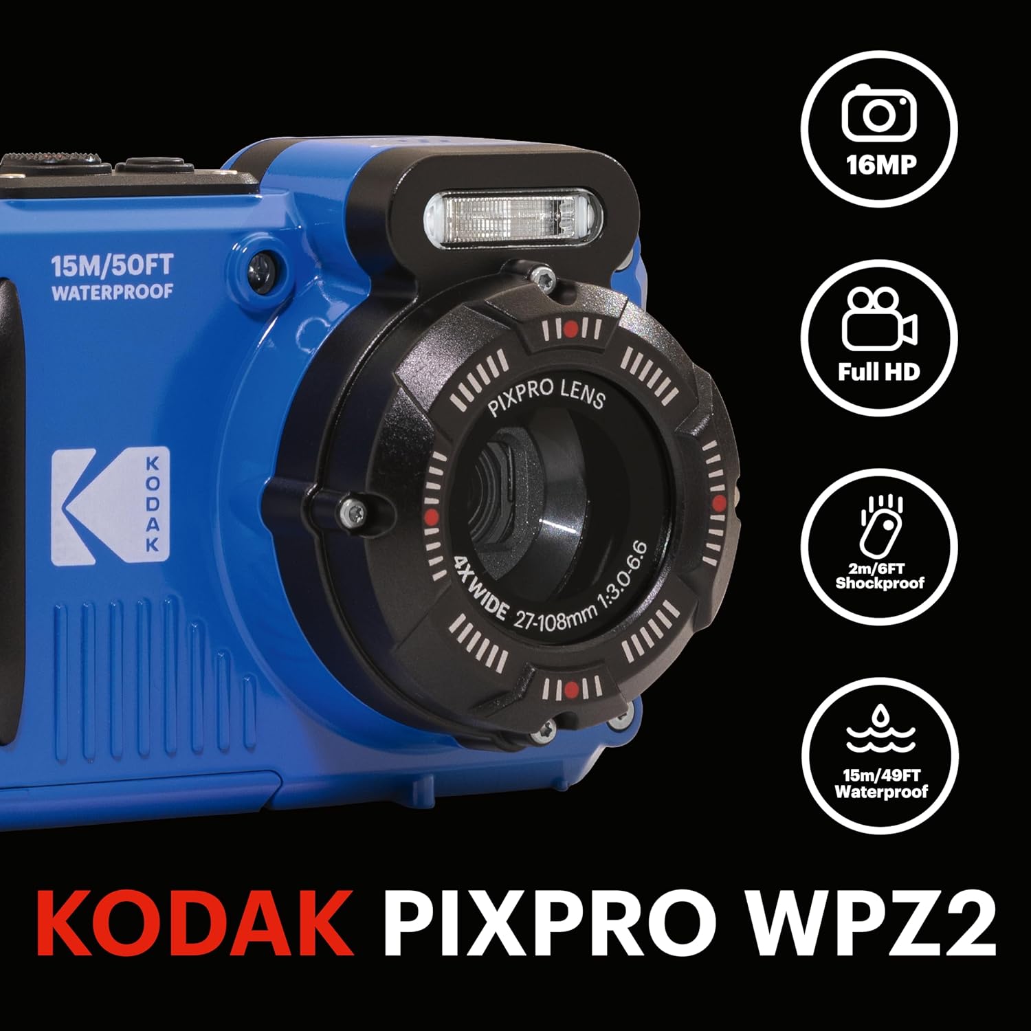 Kodak PIXPRO WPZ2 Waterproof Digital Camera, 16MP with 4X Optical Zoom, Shockproof, Dustproof, 1080p Video, Wi-Fi, Waterproof to 50ft, Blue