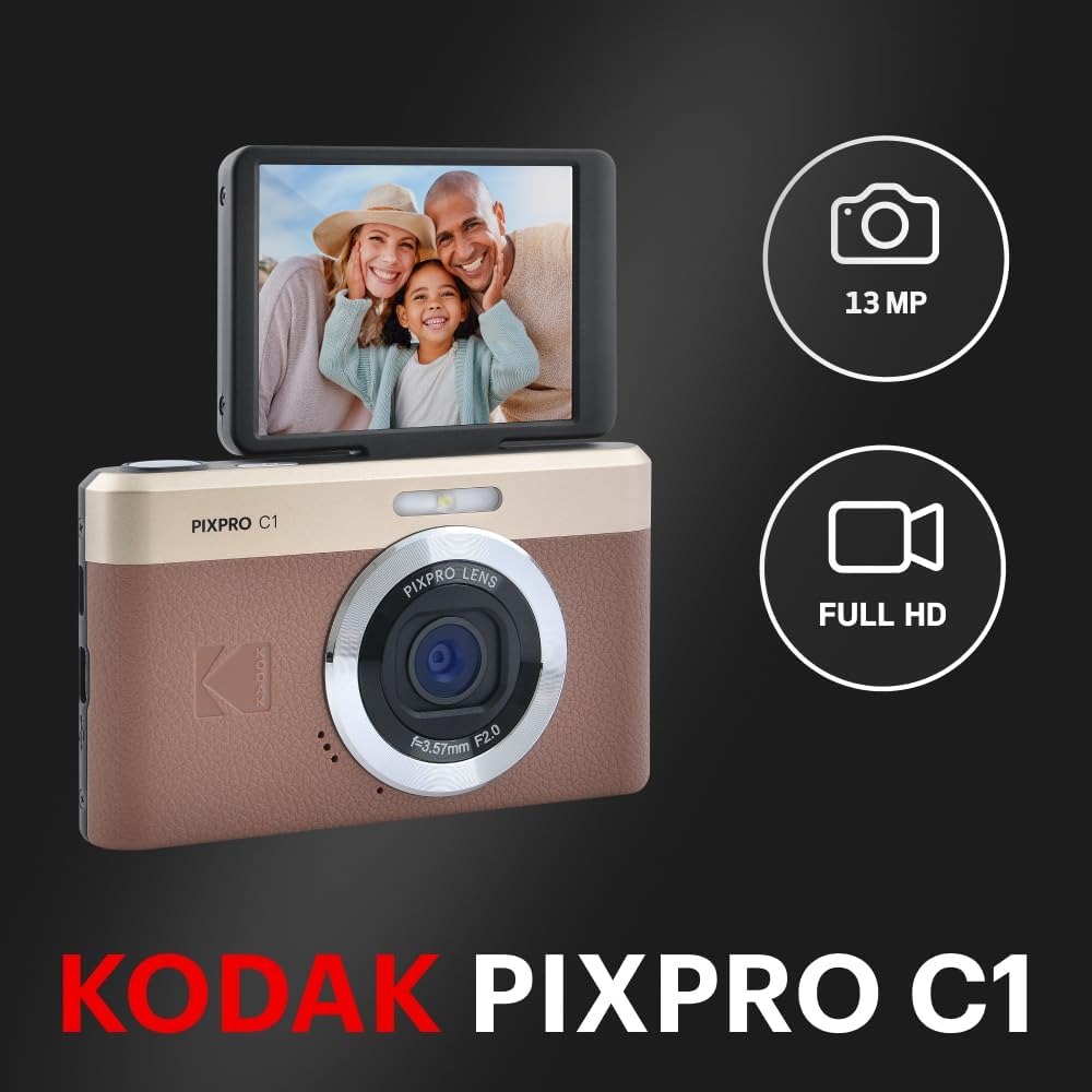 Kodak PIXPRO C1 Digital Camera, 13MP Compact Point & Shoot with 4X Digital Zoom, 26mm f/2.0 Wide Angle, 180 Degree Flip Screen, 1080p HD Video, Brown