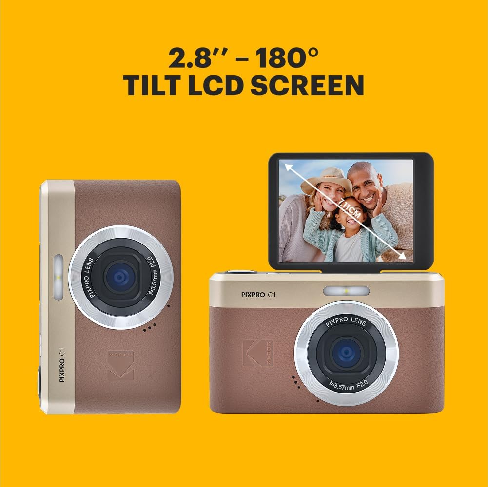 Kodak PIXPRO C1 Digital Camera, 13MP Compact Point & Shoot with 4X Digital Zoom, 26mm f/2.0 Wide Angle, 180 Degree Flip Screen, 1080p HD Video, Brown