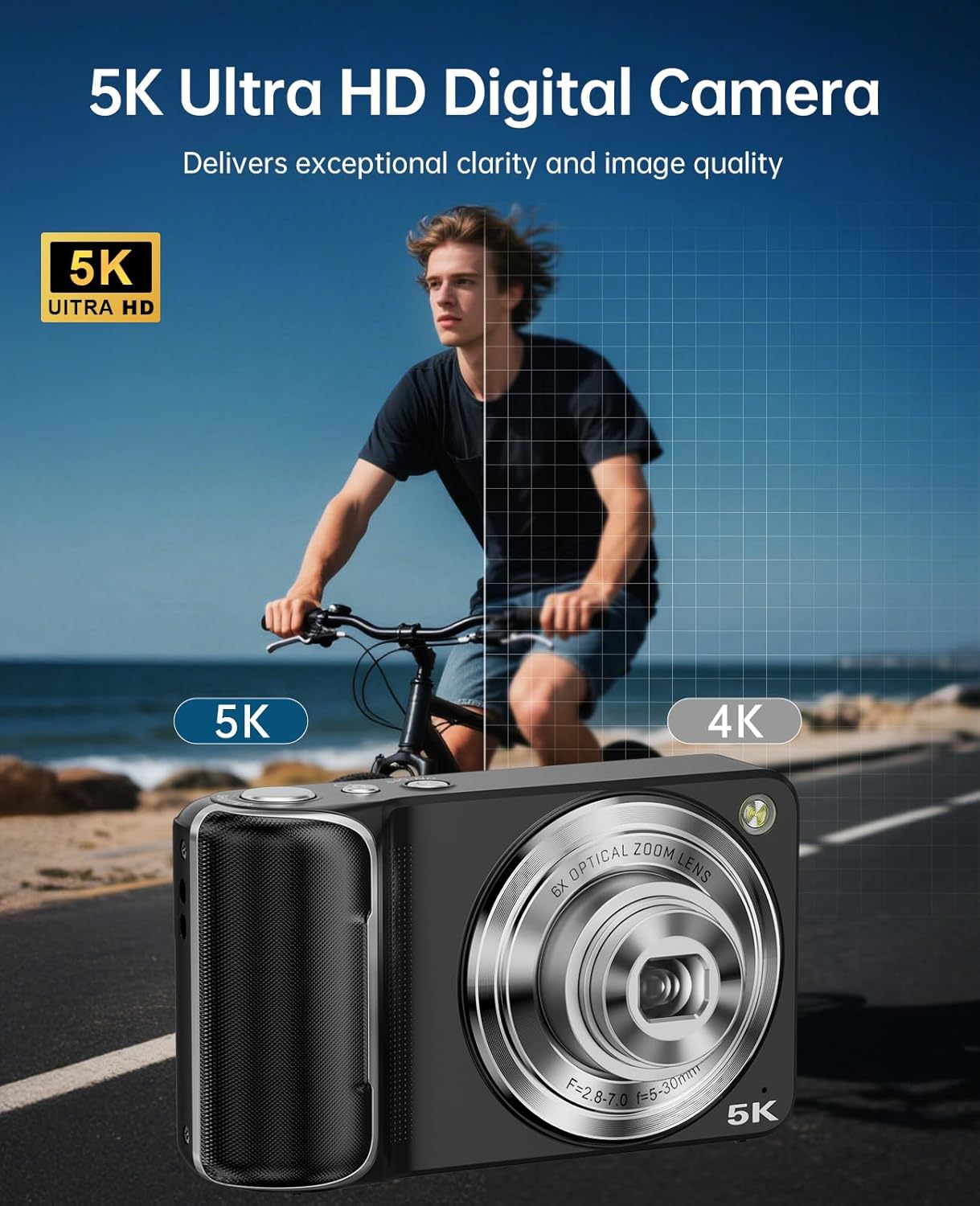 5K Digital Camera for Photography with 6X Optical Zoom, 64MP Autofocus WiFi Vlogging Camera for YouTube with Dual Lens, Compact Point and Shoot Digital Cameras with Touch Screen, 32GB Card,2 Batteries