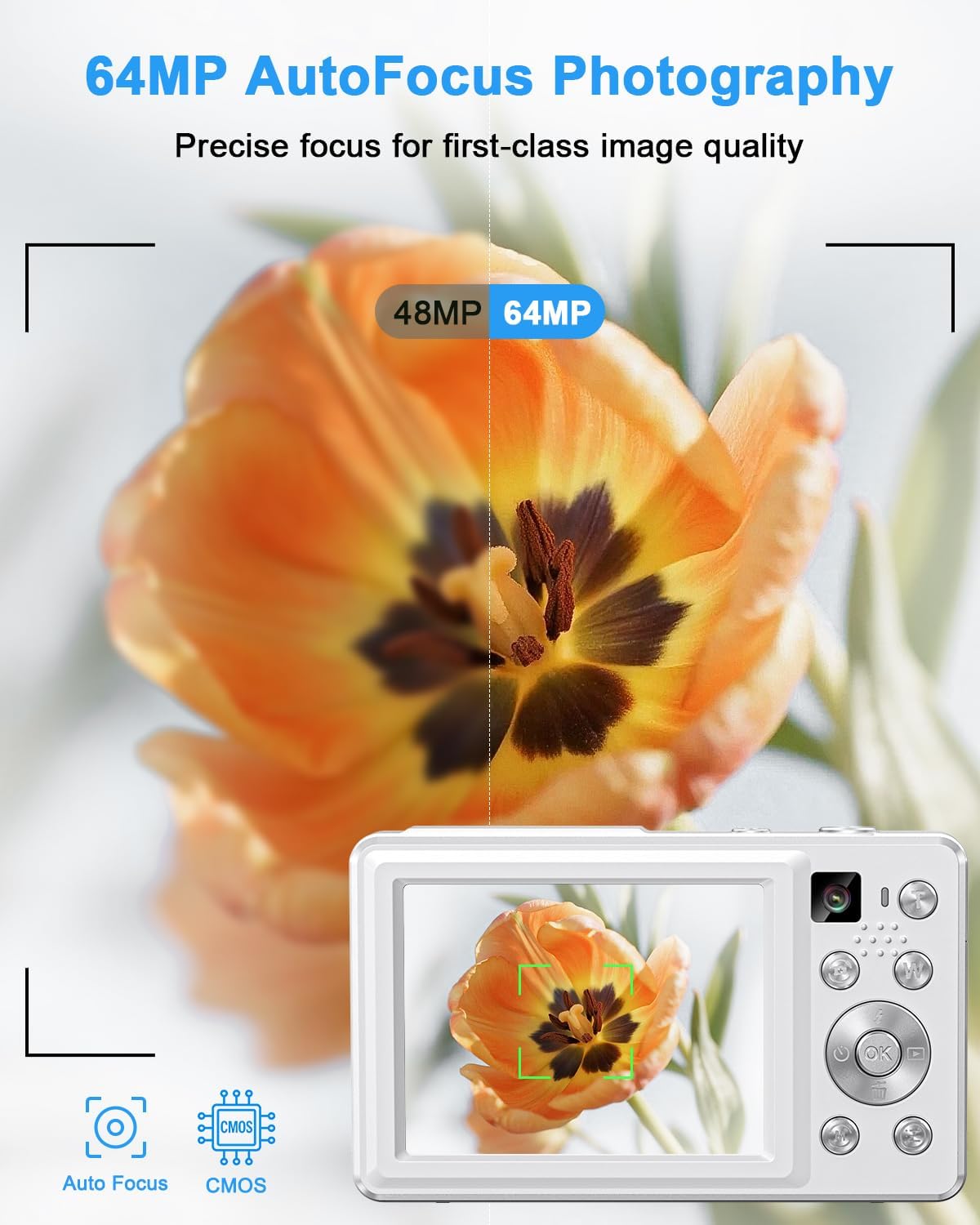 4K Digital Camera, 64MP Autofocus Point and Shoot Camera with Front & Rear Camera, Flash, 16X Zoom, 32GB Card, 2 Batteries, Compact Vlogging Camera for Teens & Beginners