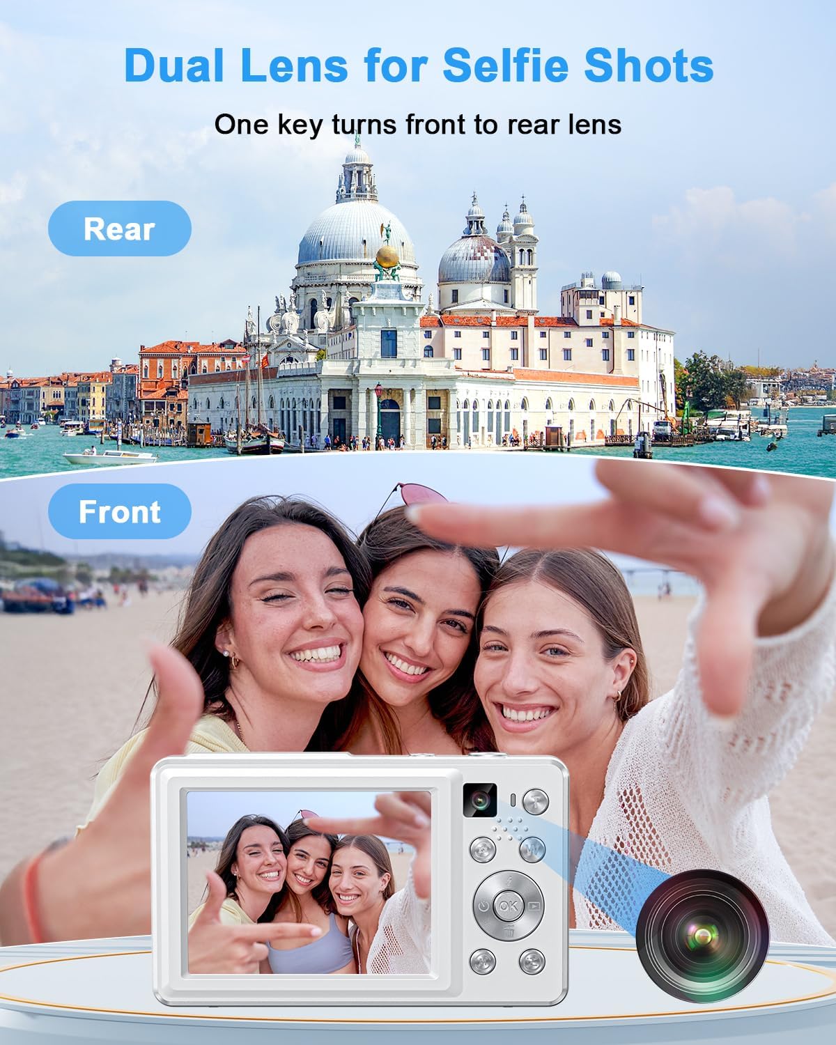 4K Digital Camera, 64MP Autofocus Point and Shoot Camera with Front & Rear Camera, Flash, 16X Zoom, 32GB Card, 2 Batteries, Compact Vlogging Camera for Teens & Beginners