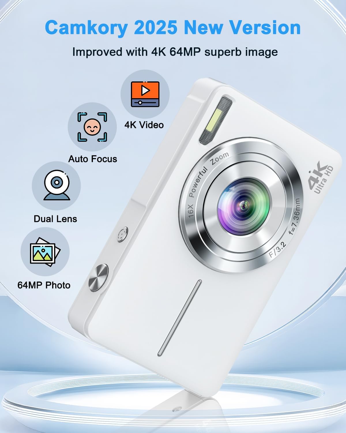 4K Digital Camera, 64MP Autofocus Point and Shoot Camera with Front & Rear Camera, Flash, 16X Zoom, 32GB Card, 2 Batteries, Compact Vlogging Camera for Teens & Beginners