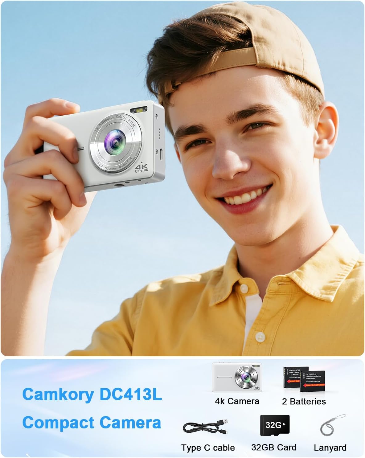 4K Digital Camera, 64MP Autofocus Point and Shoot Camera with Front & Rear Camera, Flash, 16X Zoom, 32GB Card, 2 Batteries, Compact Vlogging Camera for Teens & Beginners