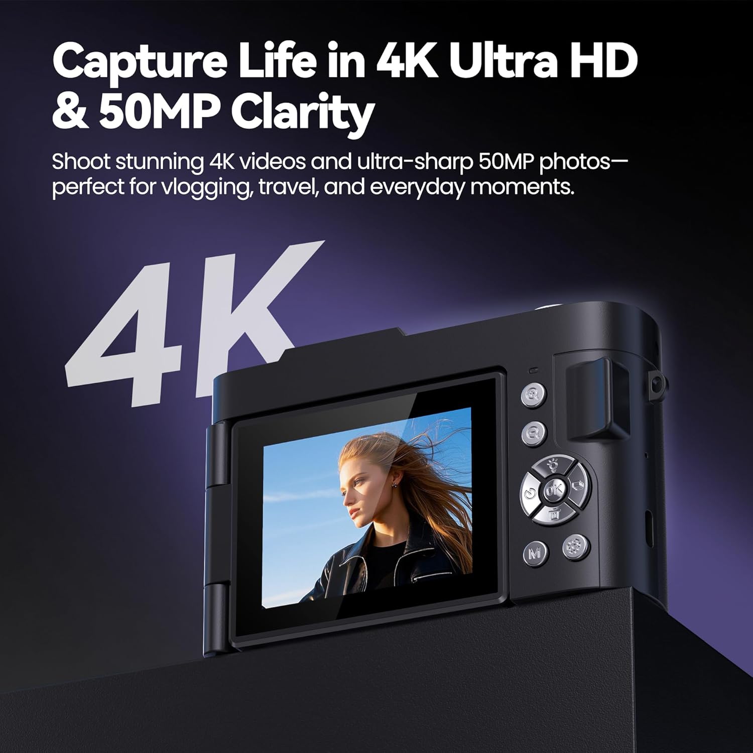 Digital Camera 4K for Photography Vlogging: 50MP Cameras for Video - 16X Zoom Photo Camera Gifts for Teens Ages 8-16 - 180°Flip Screen Compact Cámara - Point and Shoot Digital Cameras for YouTube