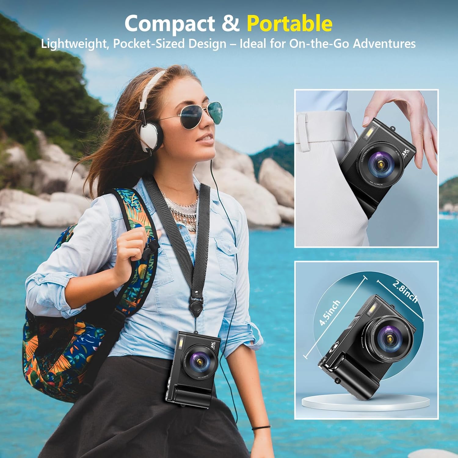 4K Digital Camera for Photography Autofocus, Upgraded 64MP WiFi Vlogging Camera for YouTube with 3" 180° Flip Screen, 16X Zoom, Compact Travel Cameras for Beginners with 32GB Card, 2 Batteries, Black