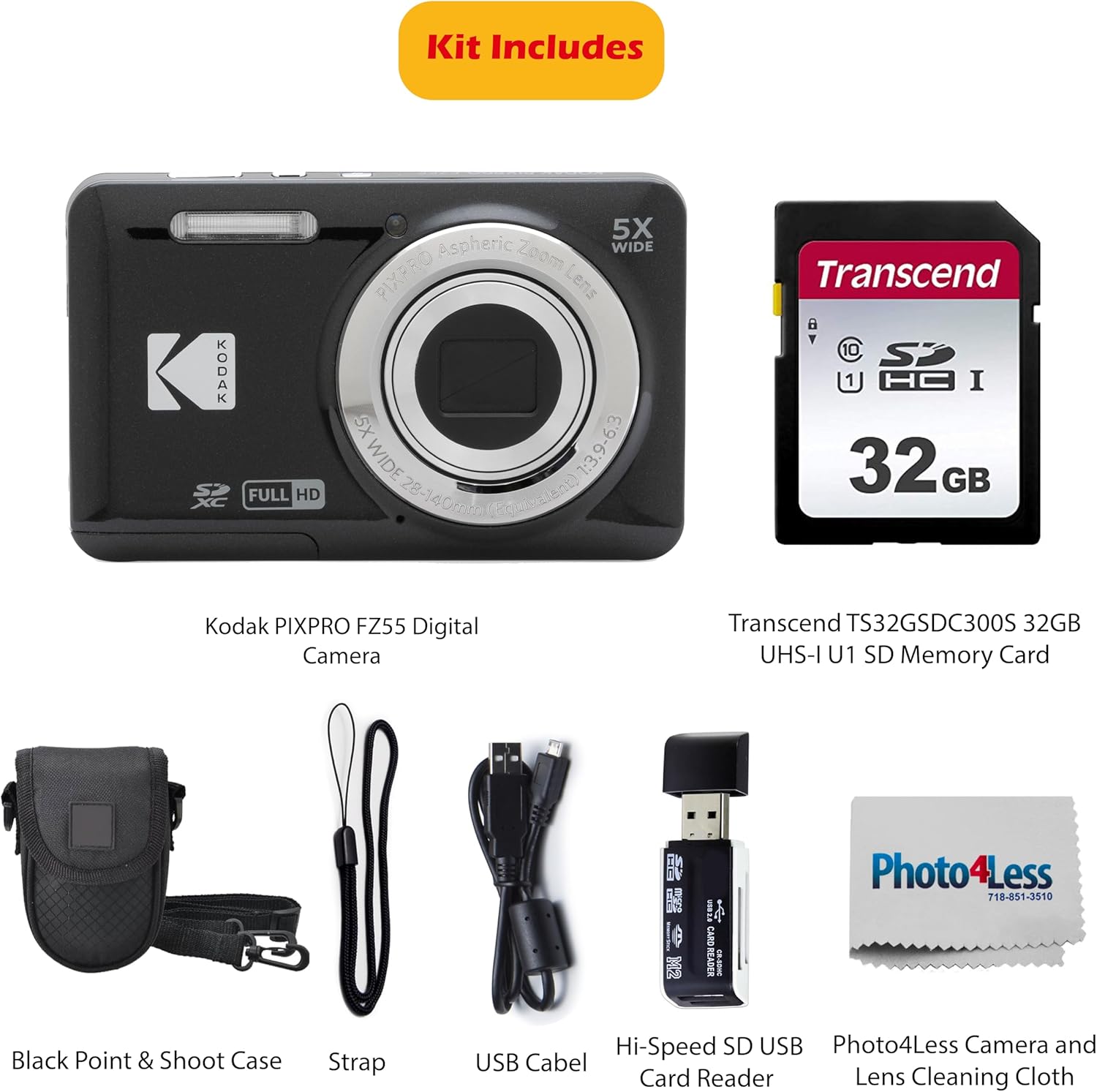 KODAK PIXPRO FZ55 16MP Digital Point & Shoot Camera, 5X Optical Zoom, 28mm Wide Angle, 1080P Full HD Video, Bundle with 32GB SD Card, Protective Case, and Hi-Speed Card Reader (Black)
