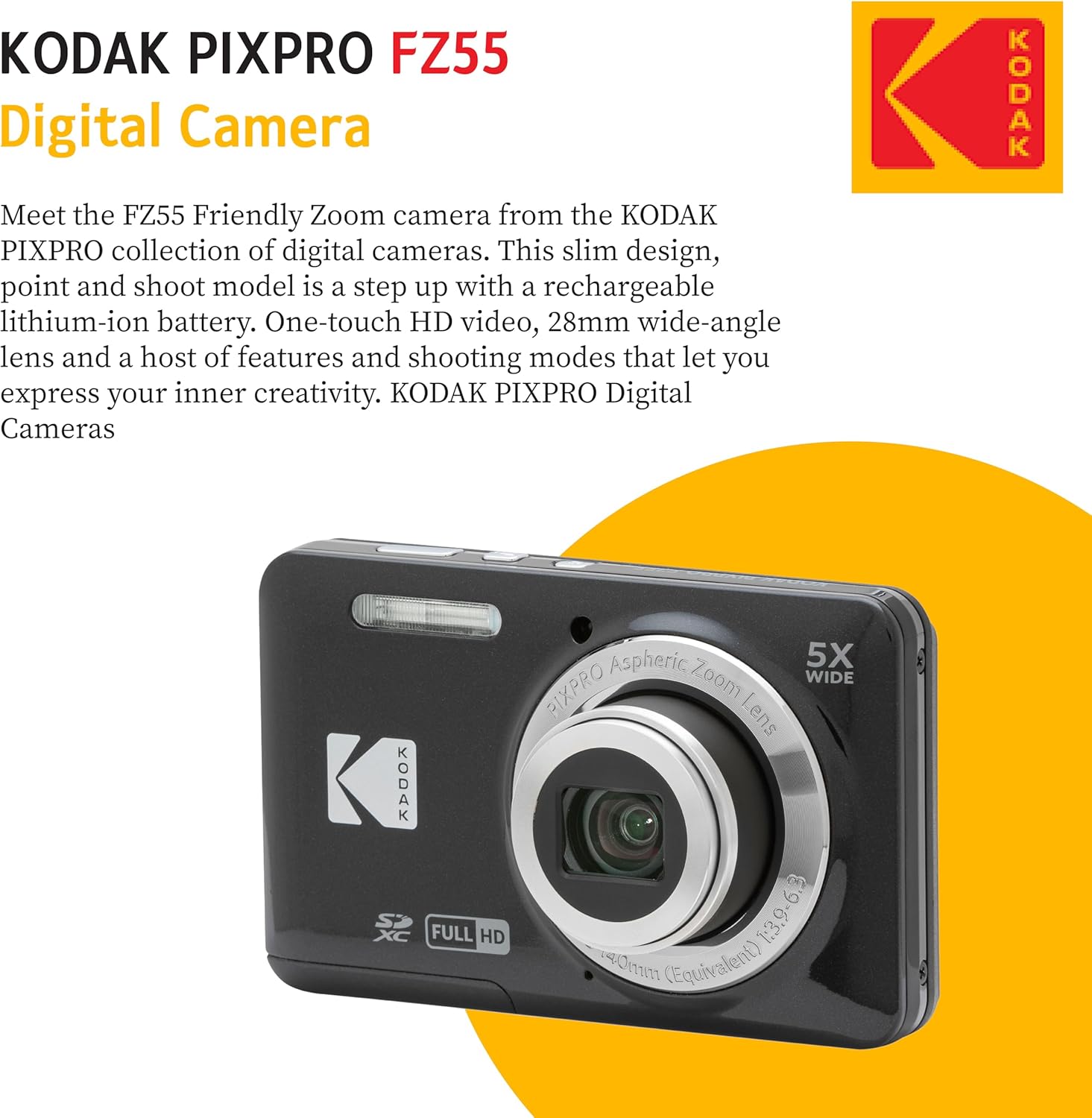 KODAK PIXPRO FZ55 16MP Digital Point & Shoot Camera, 5X Optical Zoom, 28mm Wide Angle, 1080P Full HD Video, Bundle with 32GB SD Card, Protective Case, and Hi-Speed Card Reader (Black)