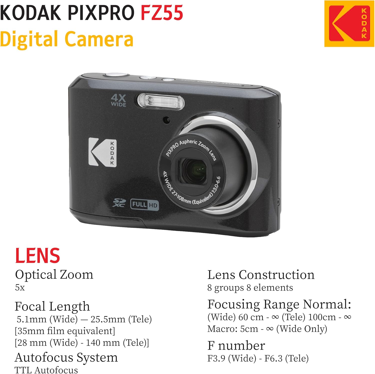 KODAK PIXPRO FZ55 16MP Digital Point & Shoot Camera, 5X Optical Zoom, 28mm Wide Angle, 1080P Full HD Video, Bundle with 32GB SD Card, Protective Case, and Hi-Speed Card Reader (Black)