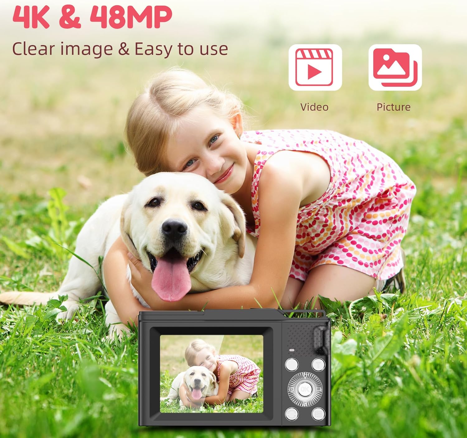 Digital Camera, FHD 4K Digital Point and Shoot Camera with 16X Zoom Anti Shake, 48MP Compact Small Camera with 32GB Card for Boys Girls Kids