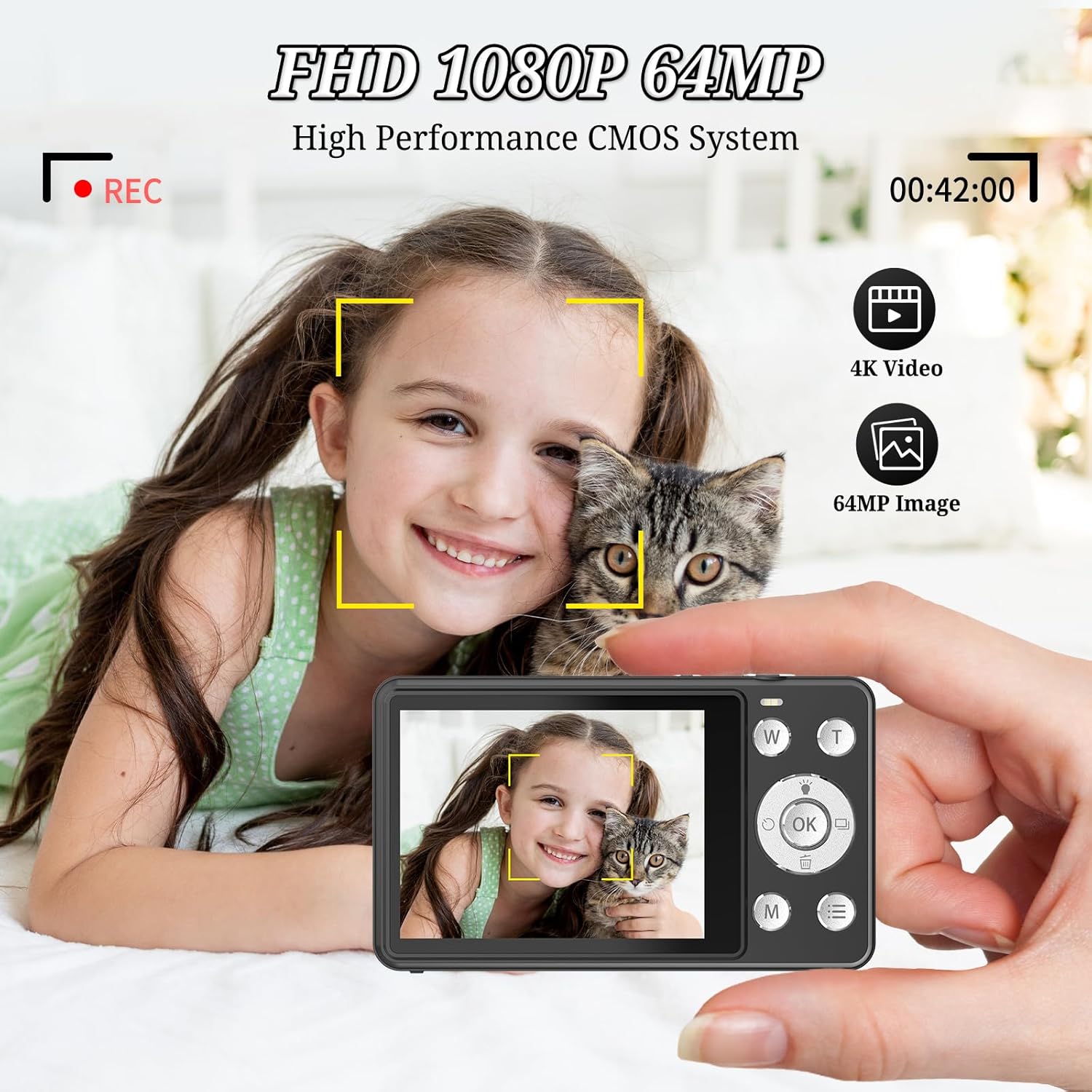 Forc Digital Camera, FHD 4K 64MP Point and Shoot Kids Digital Cameras with 64GB Card, 18X Zoom, Anti Shake, Compact Small Camera for Kids Gifts for Teens Girls Boys