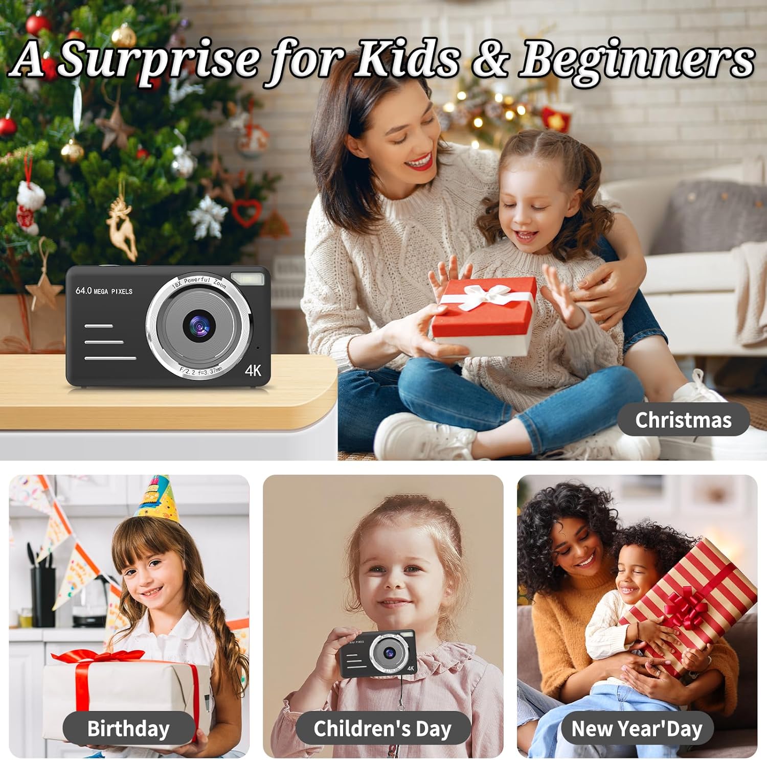 Forc Digital Camera, FHD 4K 64MP Point and Shoot Kids Digital Cameras with 64GB Card, 18X Zoom, Anti Shake, Compact Small Camera for Kids Gifts for Teens Girls Boys