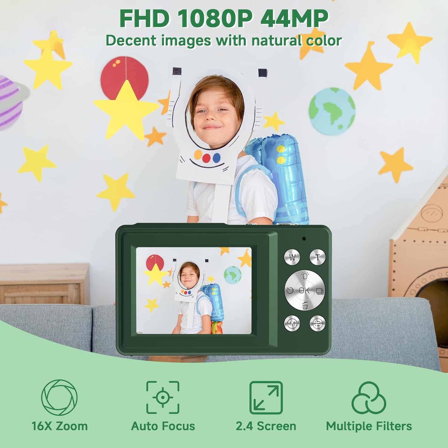 Digital Camera, 44MP Compact Camera, FHD 1080P Point and Shoot Digital Cameras with 16X Zoom, Face Detect, Smile Capture, Anti Shake, for Boys Girls Teens Gifts (Deep Green)