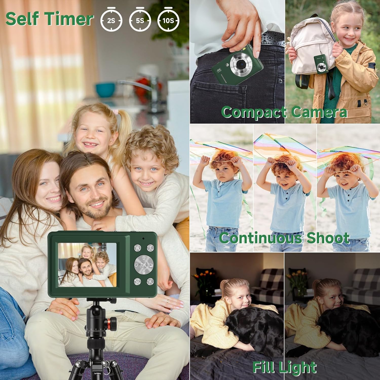 Digital Camera, 44MP Compact Camera, FHD 1080P Point and Shoot Digital Cameras with 16X Zoom, Face Detect, Smile Capture, Anti Shake, for Boys Girls Teens Gifts (Deep Green)