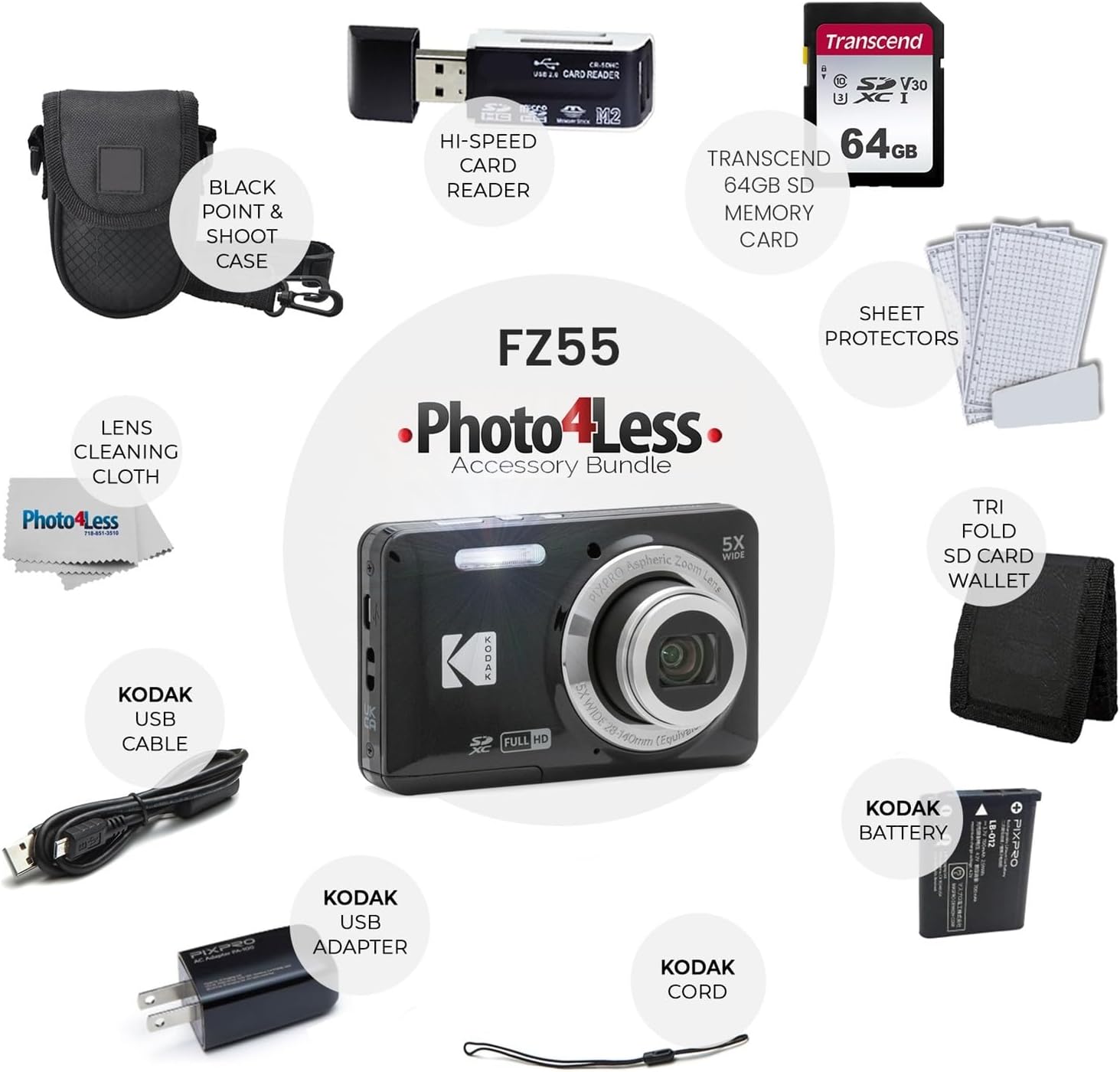 Kodak PIXPRO FZ55 Digital Camera (Black) + Black Point & Shoot Camera Case + Transcend 64GB SD Memory Card + Tri-fold Memory Card Wallet + Hi-Speed SD USB Card Reader + More!