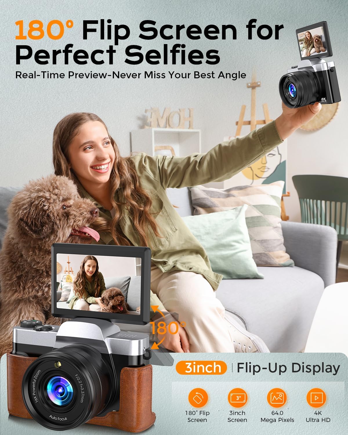 4K Digital Camera for Photography Autofocus, 64MP WiFi Vlogging Camera for YouTube with 3'' 180° Flip Screen,16X Zoom Anti-Shake, 32GB Card, Compact Travel Point and Shoot Digital Cameras (Brown)