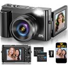 4K Digital Camera for Photography Autofocus, Upgraded 64MP WiFi Vlogging Camera for YouTube with 3" 180° Flip Screen, 16X Zoom, Compact Travel Cameras for Beginners with 32GB Card, 2 Batteries, Black