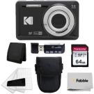Kodak PIXPRO FZ55 Digital Camera (Black) + Black Point & Shoot Camera Case + Transcend 64GB SD Memory Card + Tri-fold Memory Card Wallet + Hi-Speed SD USB Card Reader + More!