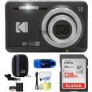 Kodak Pixpro FZ55 Digital Camera (Black) Bundle, Includes: SanDisk 128GB Memory Card, Hard Shell Camera Case, SD Card Reader and More (6 Items)
