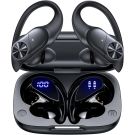 PocBuds Bluetooth Headphones Wireless Earbuds 80hrs Playtime Wireless Charging Case Digital Display Sports Ear Buds with Earhook Deep Bass IPX7 Waterproof Over-Ear Earphones for TV Phone Laptop Black