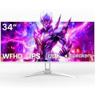 CRUA 34'' Ultrawide Gaming Monitor 120HZ, 21:9 WFHD 2560X1080 IPS Panel Computer Monitors with Built-in Speakers, Support AMD FreeSync, 120% sRGB, DP1.4 & HDMI1.4, Wall Mountable Installs-White