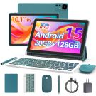 Android 15 Tablet 10 Inch, 20GB RAM+128GB ROM/ 2TB Expandable, 2.0GHz Quad-core Processor, 1280*800 HD Screen, 5G WiFi6 BT 5.0, 2 in 1 Tablets with Keyboard Case Mouse Stylus, Widevine L1 Blue
