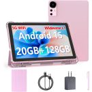 Android 15 Tablet 10 inch Tablets, 20GB RAM 128GB ROM 2TB Expand, 2.0Ghz CPU Quad-Core Processor Tablet PC with Case and Stylus, 5G WiFi6, BT5.0, 6000mAh Battery, Dual Camera, Widevine L1, GMS, Pink