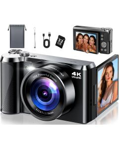 4K Digital Camera for Photography & Travel, 56MP Autofocus Vlogging Camera with 3" 180° Flip Screen, 16X Zoom, Compact Point and Shoot Camera for Beginners and Teens, 32GB Card Included