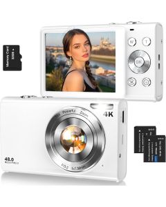 Digital Camera,Autofocus 4K Vlogging Camera for Photography with 32GB Card,48MP Portable Compact Point and Shoot Digital Camera for Teens Adult Beginner with 16X Zoom,Anti-Shake,2 Batteries(White)