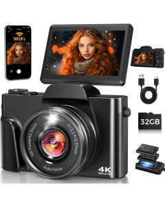 4K Digital Camera for Photography with WiFi,64MP Autofocus 3'' 180° Flip Screen 16X Zoom Vlogging Camera for YouTube, Compact Travel Camera for Beginners, Anti-Shake, 32GB Card, 2 Batteries, Black