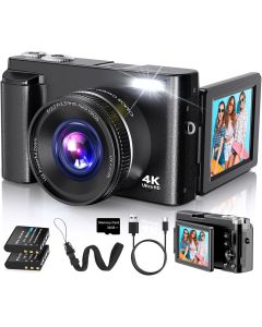 4K Digital Camera for Photography Autofocus, 2026 Latest 48MP Vlogging Camera for YouTube with SD Card, 2 Batteries, 3" 180°Flip Screen Compact Travel Camera for Teens with 16X Zoom, Anti-Shake,Black