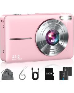 Digital Camera, FHD 1080P Point and Shoot Kids Camera, with 32GB Card, 2 Batteries, 16X Zoom Anti Shake Date Stamp, Compact Portable Small, for Starter Kid Children Teen Student Girl Boy(Pink)