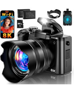 8K Digital Camera, 88MP WiFi Cameras for Photography with 3.2" Touchscreen, 16X Zoom Autofocus Professional Dual Camera, Anti-Shake, 2 Batteries & Charging Stand, 64GB Card, Flash, Lens Hood