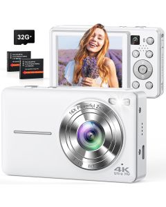 4K Digital Camera, 64MP Autofocus Point and Shoot Camera with Front & Rear Camera, Flash, 16X Zoom, 32GB Card, 2 Batteries, Compact Vlogging Camera for Teens & Beginners