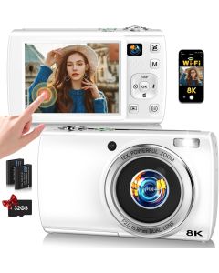 88MP Digital Camera for Photography, 2026 New WiFi 8K Vlog Video Camera for YouTube with Touch Screen, Dual Lens, Autofocus Anti-Shake, 16X Zoom, Small Travel Camera, 32GB TF Card, 2 Batteries, White