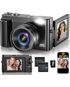 4K Digital Camera for Photography Autofocus, Upgraded 64MP WiFi Vlogging Camera for YouTube with 3" 180° Flip Screen, 16X Zoom, Compact Travel Cameras for Beginners with 32GB Card, 2 Batteries, Black