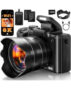 8K Digital Cameras for Photography Autofocus, 2026 Upgrade 88MP WiFi Professional 16X Zoom Photography Camera with Dual-Lens for YouTube, SD Card, Lens Hood, Touch Screen, 2 Batteries & Charging Stand