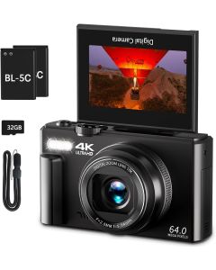 4K Digital Camera for Photography, 64MP Vlogging Camera for YouTube with 3" 180° Flip Screen, 18X Digital Zoom Point and Shoot Camara with 32GB Micro SD Card for Beginner (Black)