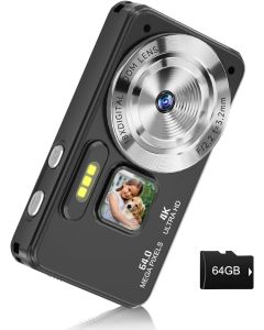 Digital Camera, Autofocus 4K 64MP Point and Shoot Digital Cameras for Teens with 64GB Card, 18X Zoom Anti-Shake Compact Video Camera for Student Kids Boys Girls Beginner - Black