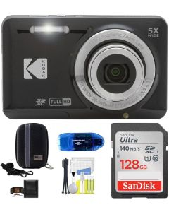 Kodak Pixpro FZ55 Digital Camera (Black) Bundle, Includes: SanDisk 128GB Memory Card, Hard Shell Camera Case, SD Card Reader and More (6 Items)