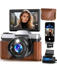 4K Digital Camera for Photography Autofocus, 64MP WiFi Vlogging Camera for YouTube with 3'' 180° Flip Screen,16X Zoom Anti-Shake, 32GB Card, Compact Travel Point and Shoot Digital Cameras (Brown)