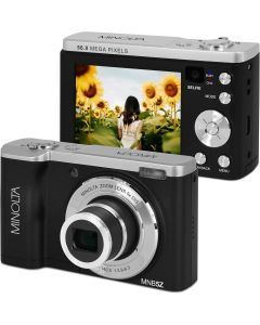 Minolta 56MP Dual Lens Digital Camera – 5X Optical Zoom, 5K Ultra HD Video, CMOS Sensor, 2.8-inch LCD Screen, Stabilization, Selfie Lens, 32GB Card, Rechargeable Battery (Black)