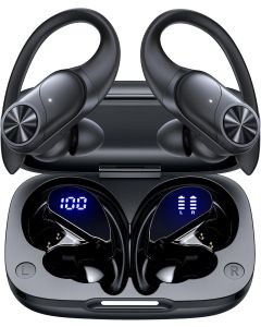 PocBuds Bluetooth Headphones Wireless Earbuds 80hrs Playtime Wireless Charging Case Digital Display Sports Ear Buds with Earhook Deep Bass IPX7 Waterproof Over-Ear Earphones for TV Phone Laptop Black